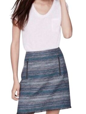 LOFT Tweed Fringed Hem Multicolor Shades of Blue A-line Skirt Size 8